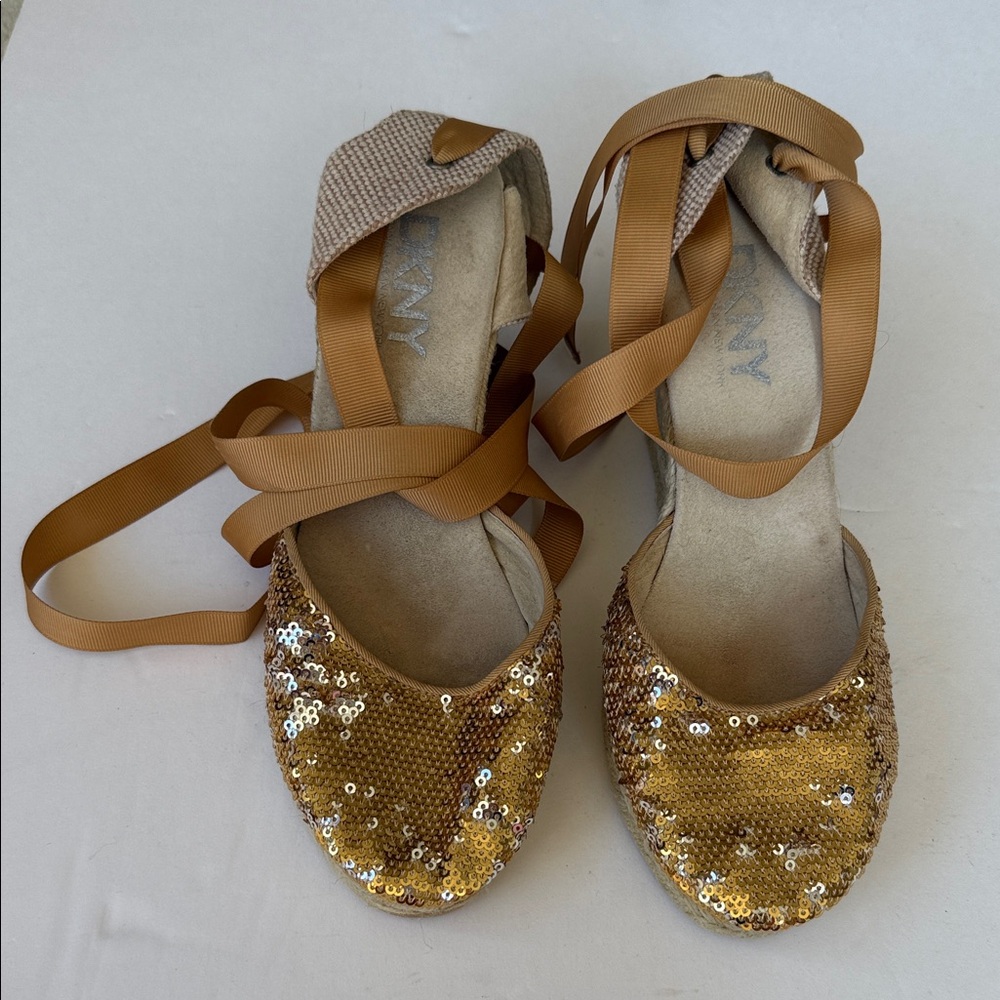 DKNY Shimmering Gold Espadrilles with Brown Ankle Straps